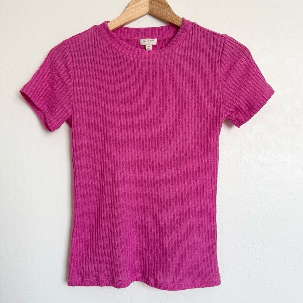 Anthropologie Pilcro Textured Rib Layering Tee Bright Pink Size Extra Small